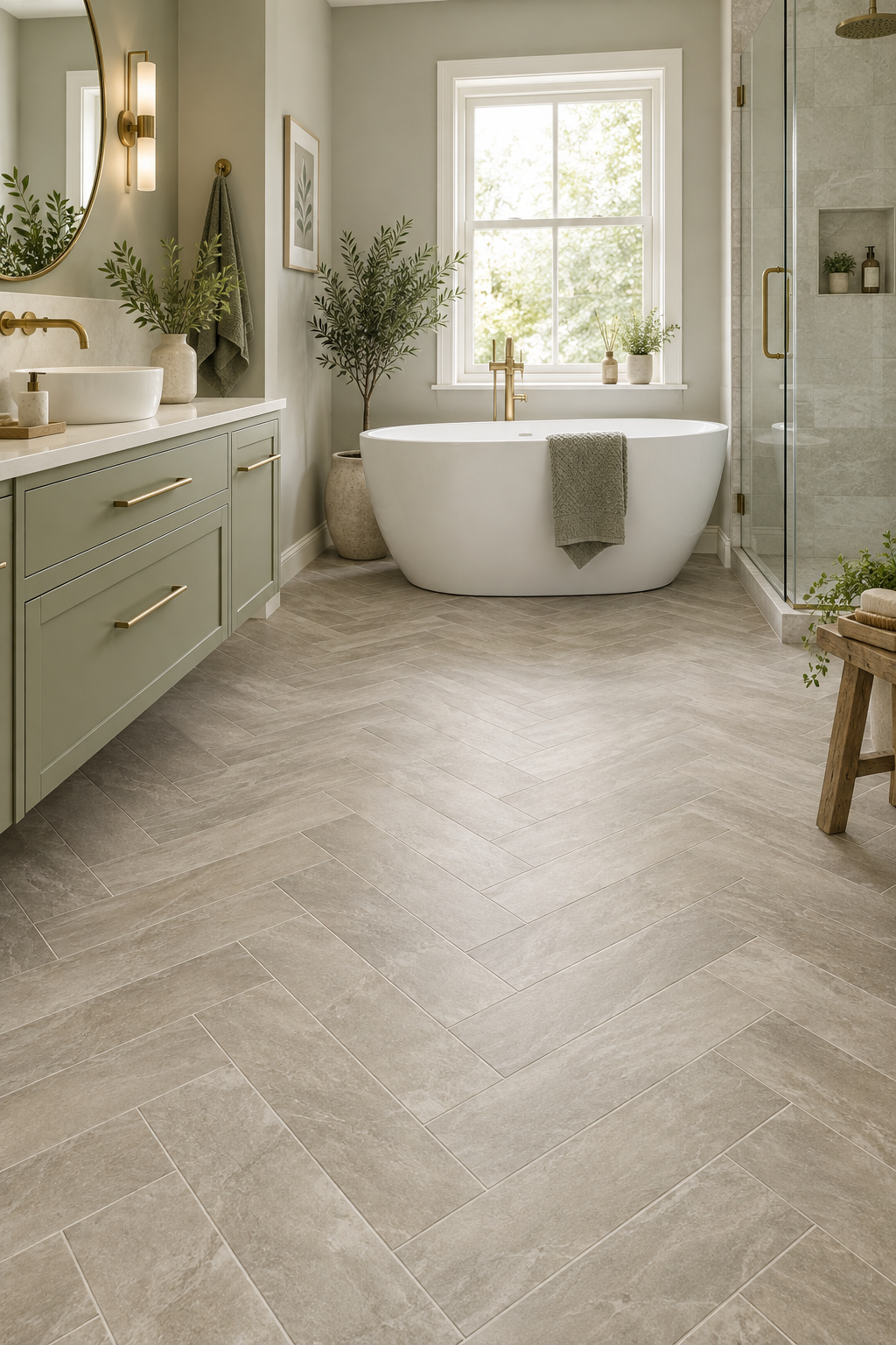 Modern bathroom with warm greige herringbone vinyl flooring
