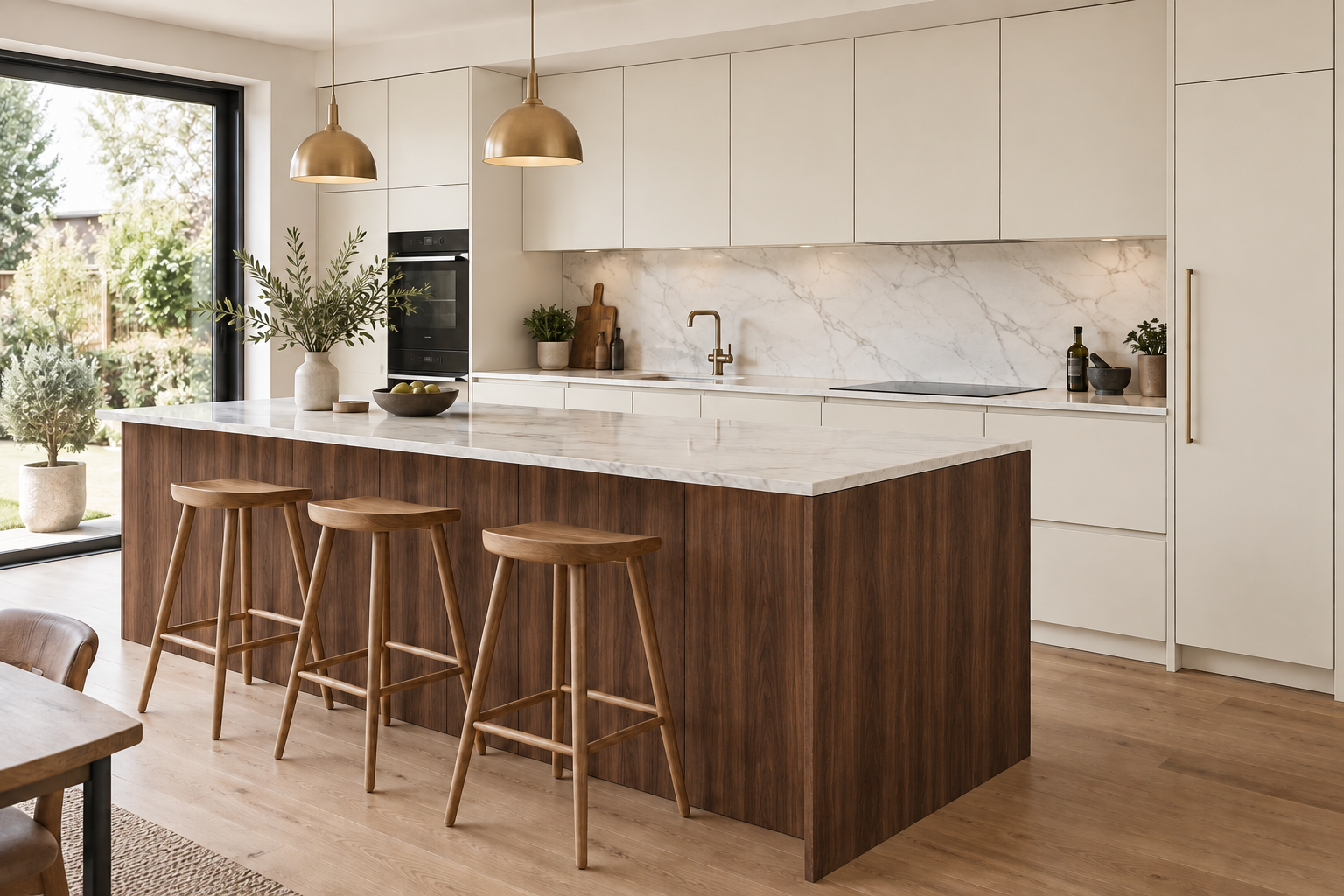 Same kitchen with ivory matte cabinets, walnut island and pale marble surfaces