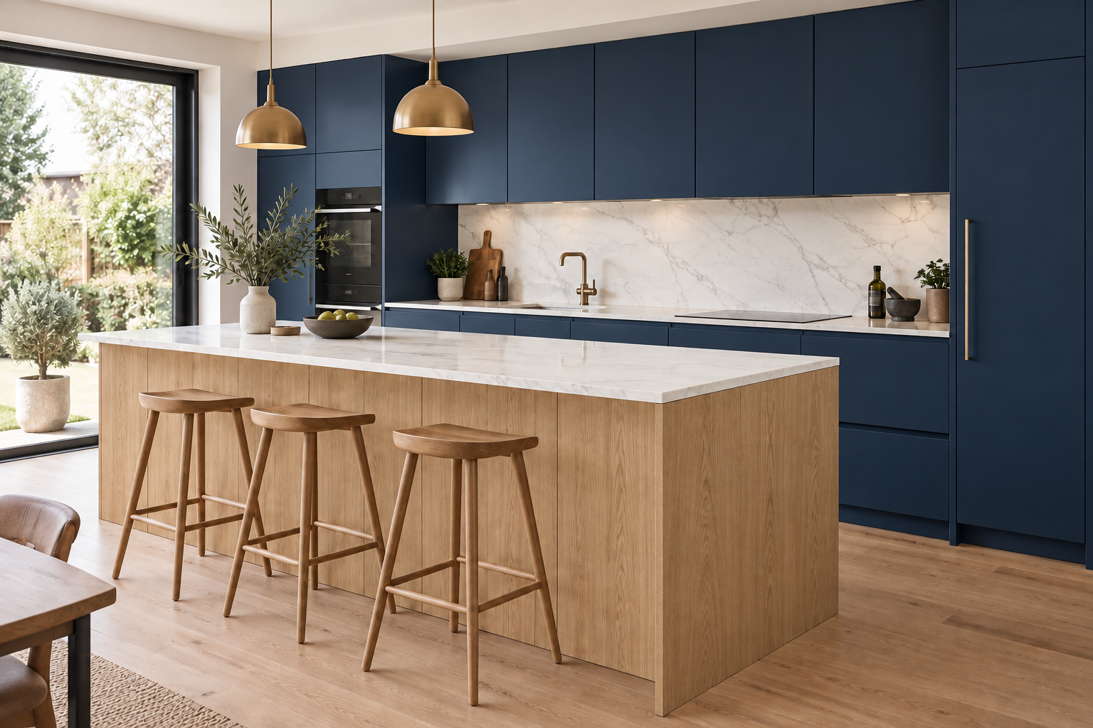 Same kitchen with navy satin cabinets, natural oak island and white stone surfaces
