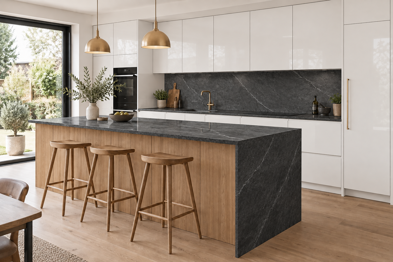 Same kitchen with white gloss cabinets, oak island and charcoal stone worktop and splashback