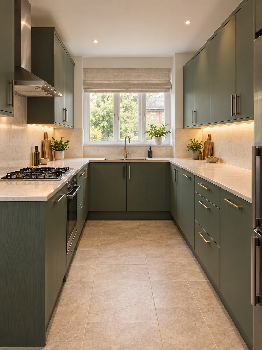 Concept kitchen with sage matte vinyl-wrapped cabinets and stone-effect worktops