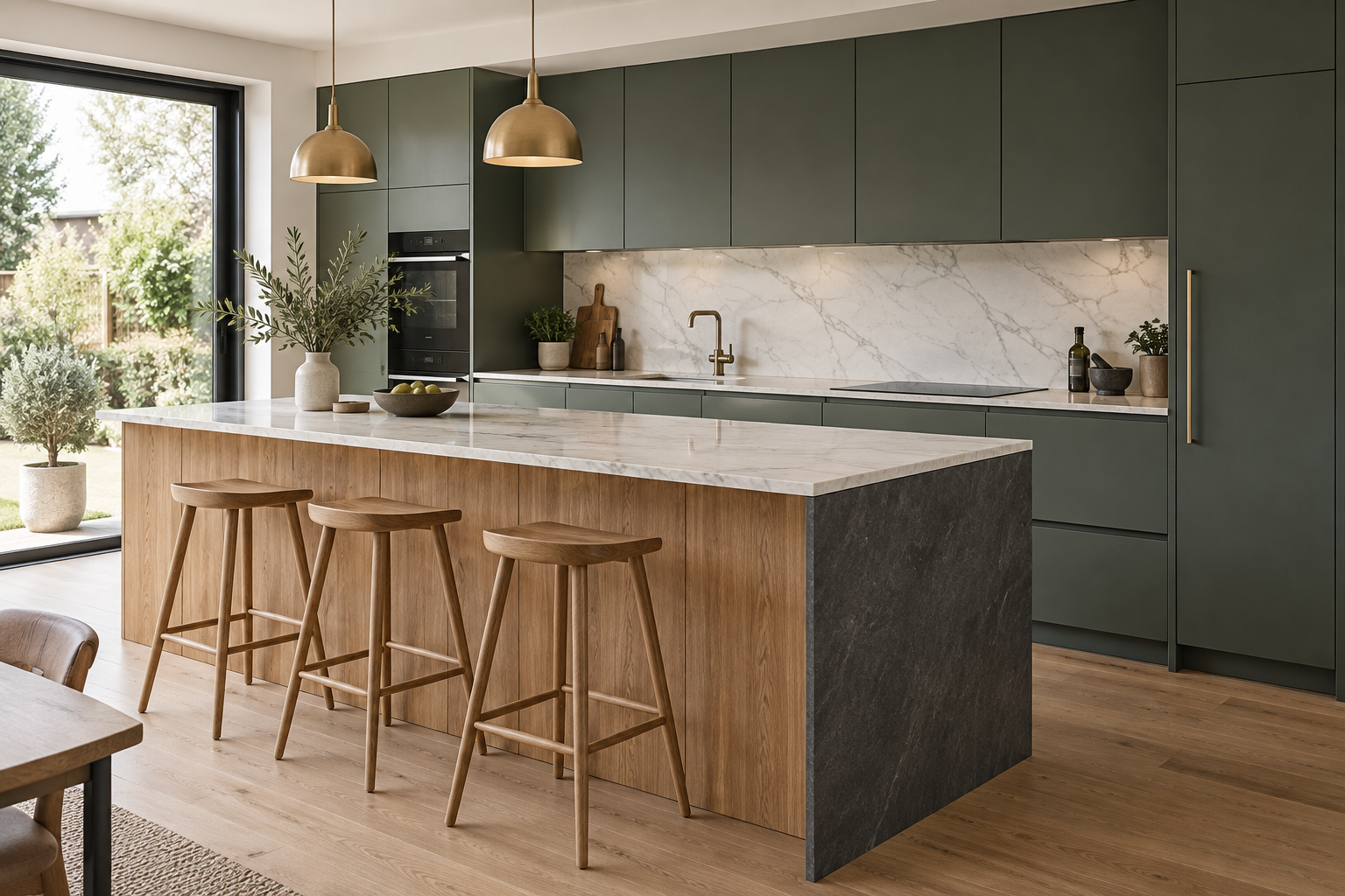 Same kitchen with sage matte cabinets, oak island, pale marble worktop and charcoal stone side panel