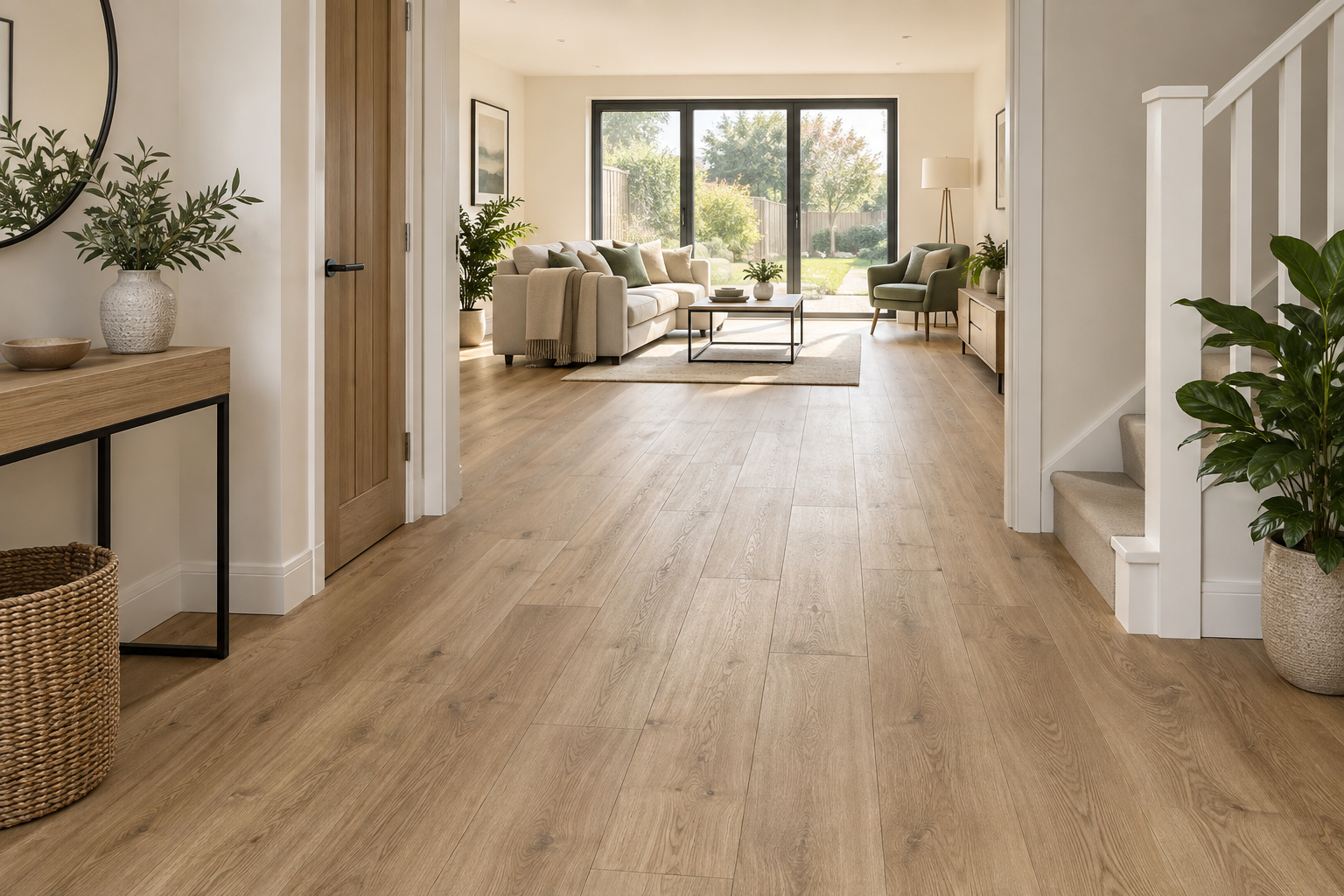 Contemporary hallway and living room with continuous natural oak vinyl flooring